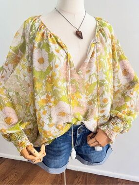 Aakaa Retro Floral Boho Peasant Blouse Yellow Green Cream Cottagecore Top M